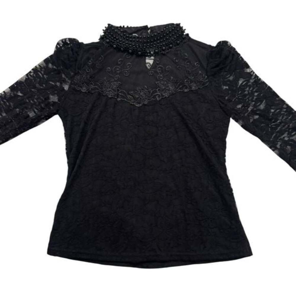 Elegant Black Lace Long Sleeve Blouse - Picture 12 of 14